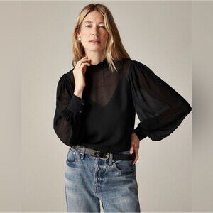 J Crew Womens Ruffle Neck Top Sz Small Black Chiffon Sheer Blouse Lined Shirt